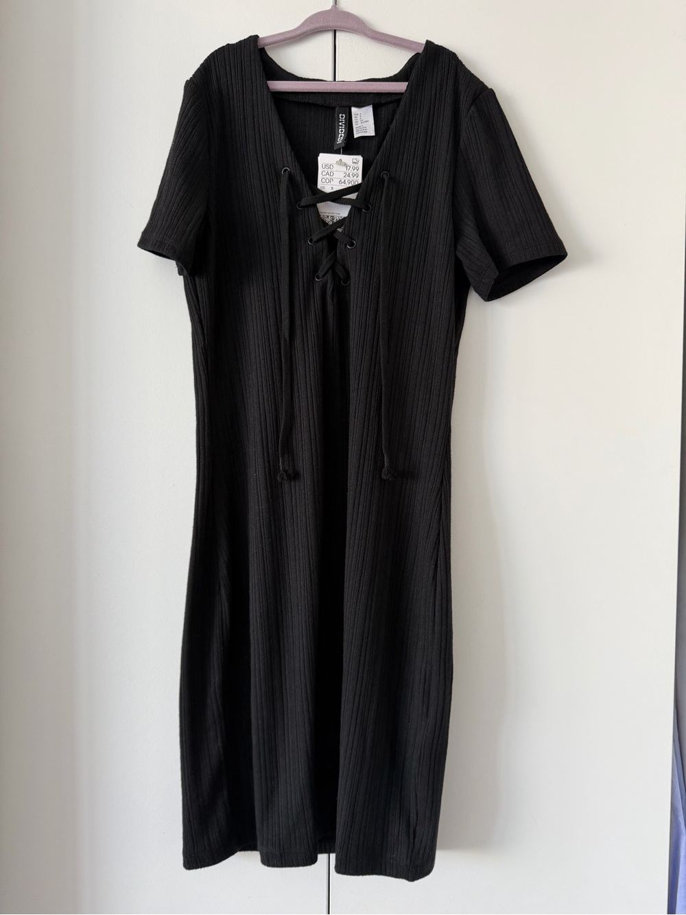 New H&M Black Ribbed Lace-Up Midi Dress